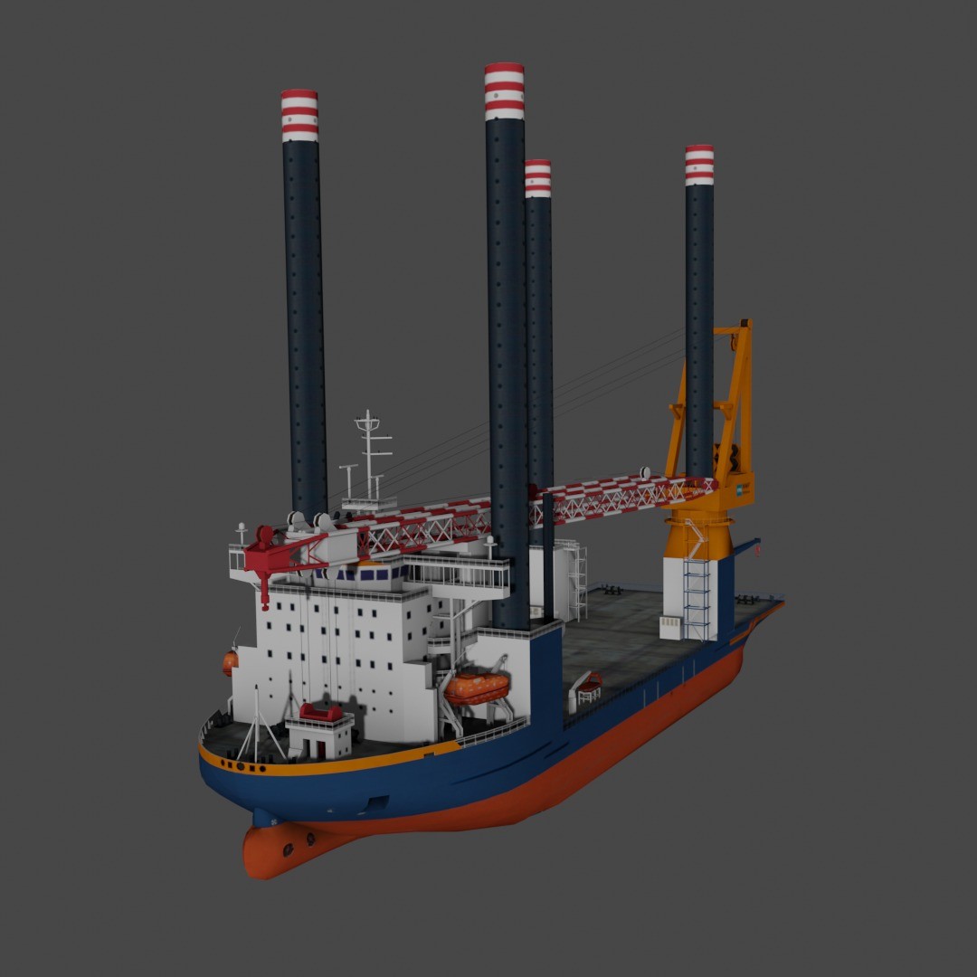 Offshore Installation Vessel 3D Model – Low Poly Industrial Watercraft, FBX - View 7