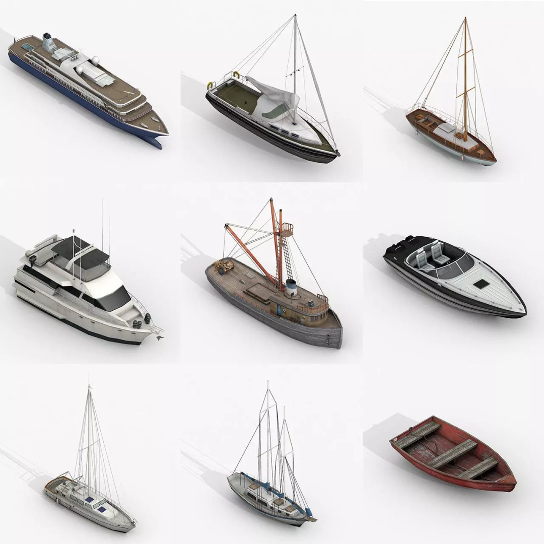 Sailboats 3D Model – Low Poly Watercraft Collection, FBX, Game Ready - View 2