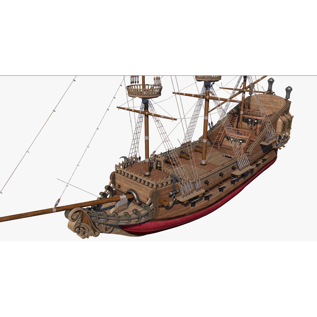 Galeon Pirate Ship 3D Model – Historic Watercraft, PBR Textures, Game Ready - View 13