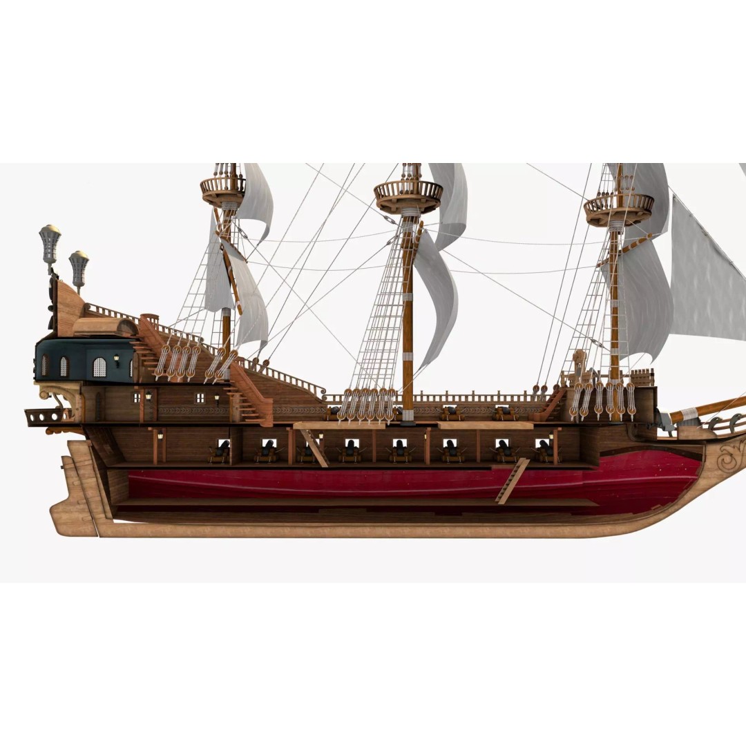 Galeon Pirate Ship 3D Model – Historic Watercraft, PBR Textures, Game Ready - View 22