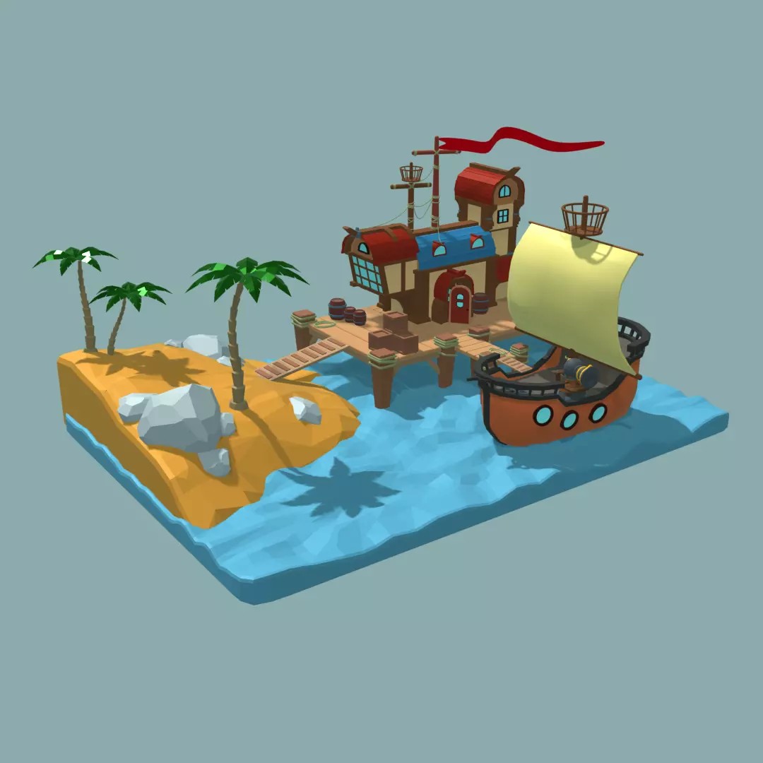 Pirate House 3D Model – Low Poly Tropical Scene, FBX, Blender - View 2