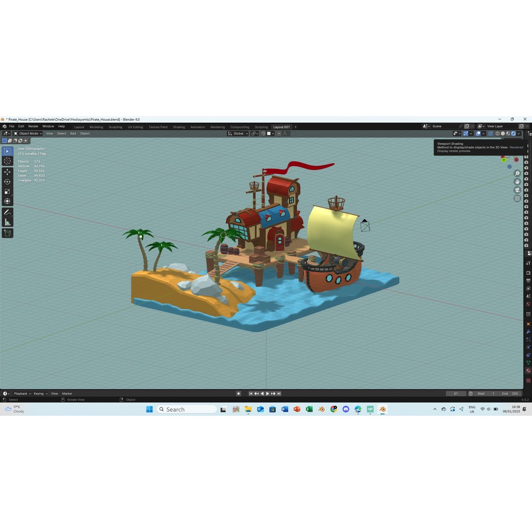 Pirate House 3D Model – Low Poly Tropical Scene, FBX, Blender - View 3