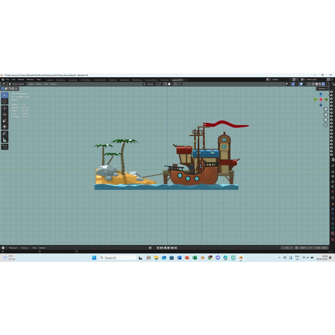 Pirate House 3D Model – Low Poly Tropical Scene, FBX, Blender - View 7
