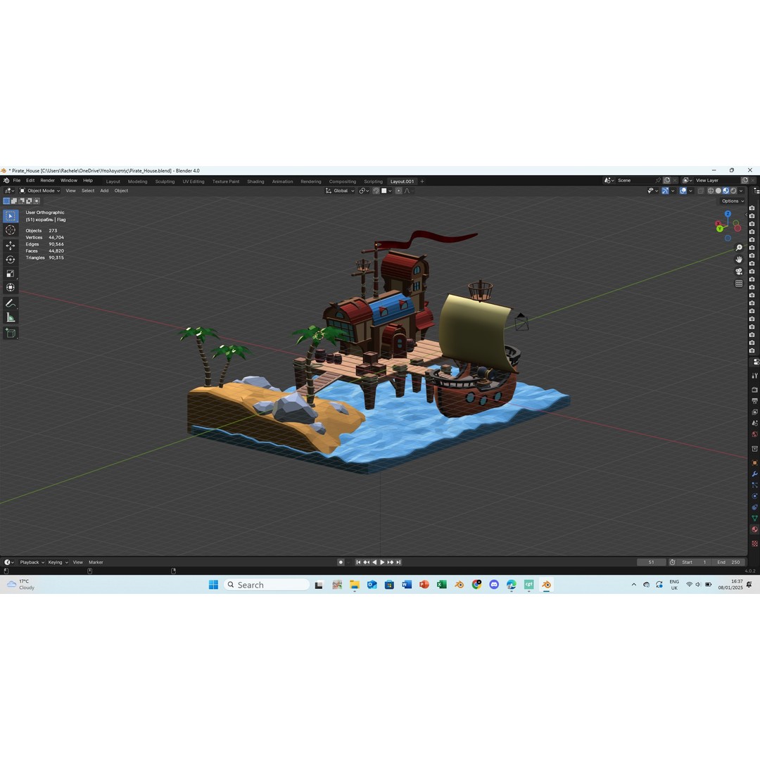 Pirate House 3D Model – Low Poly Tropical Scene, FBX, Blender - View 9