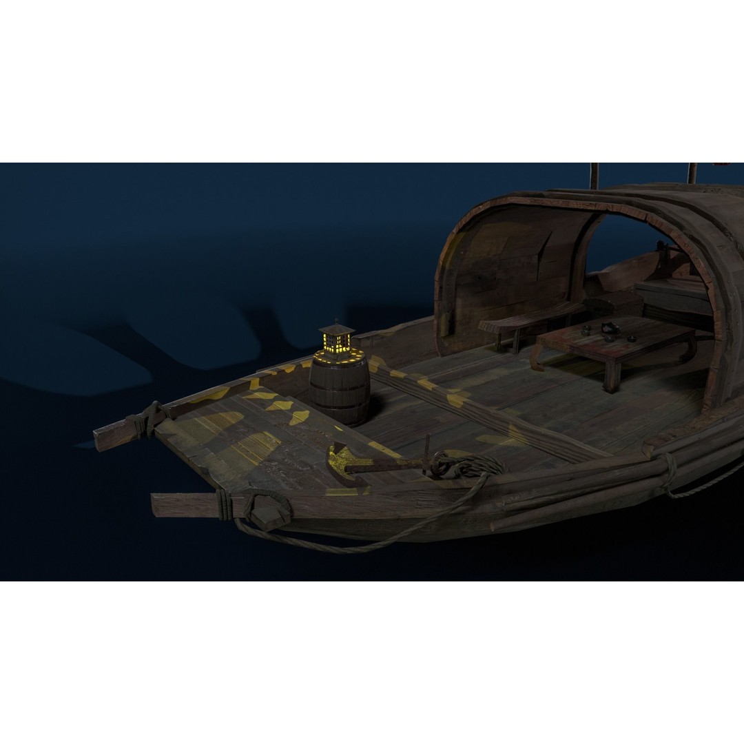 Old Chinese Boat 3D Model – Low Poly Historic Watercraft, FBX - View 12