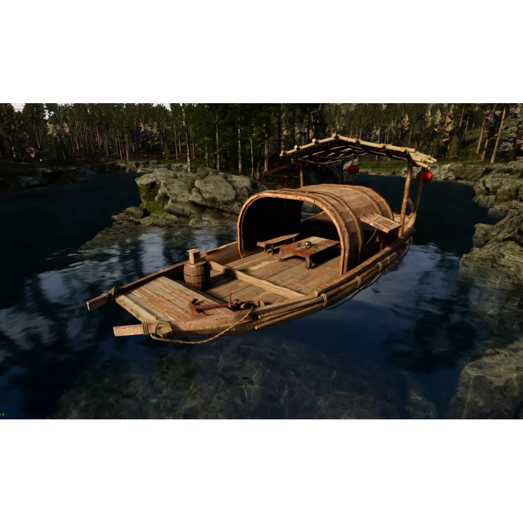 Old Chinese Boat 3D Model – Low Poly Historic Watercraft, FBX - View 2