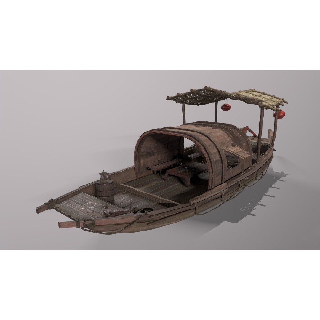 Old Chinese Boat 3D Model – Low Poly Historic Watercraft, FBX - View 3