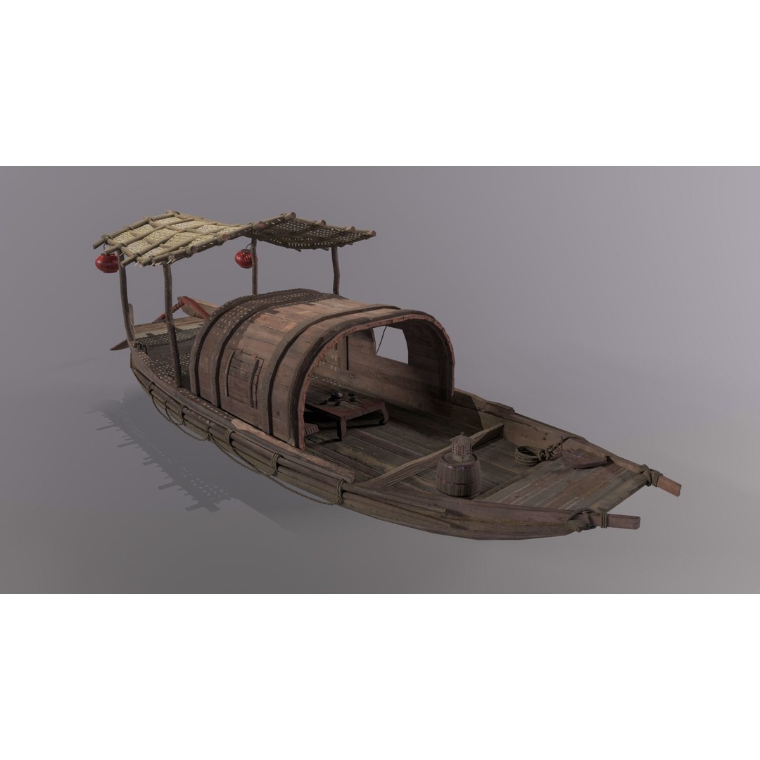 Old Chinese Boat 3D Model – Low Poly Historic Watercraft, FBX - View 4