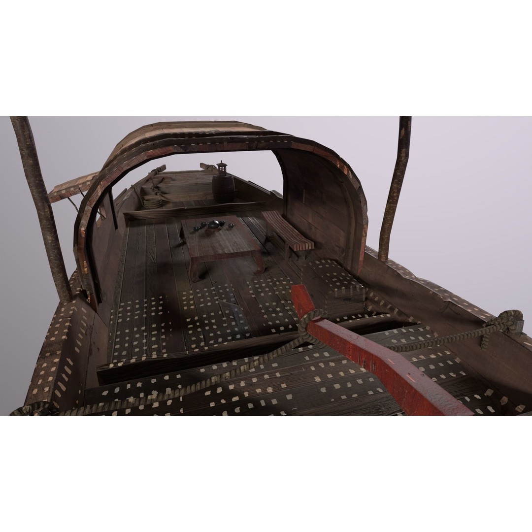 Old Chinese Boat 3D Model – Low Poly Historic Watercraft, FBX - View 5