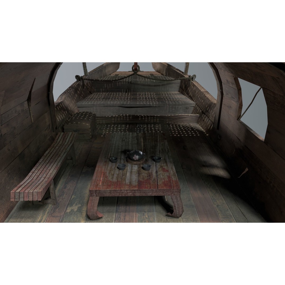 Old Chinese Boat 3D Model – Low Poly Historic Watercraft, FBX - View 7