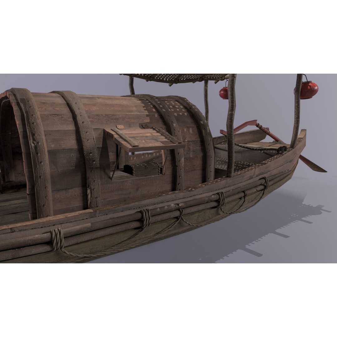 Old Chinese Boat 3D Model – Low Poly Historic Watercraft, FBX - View 8