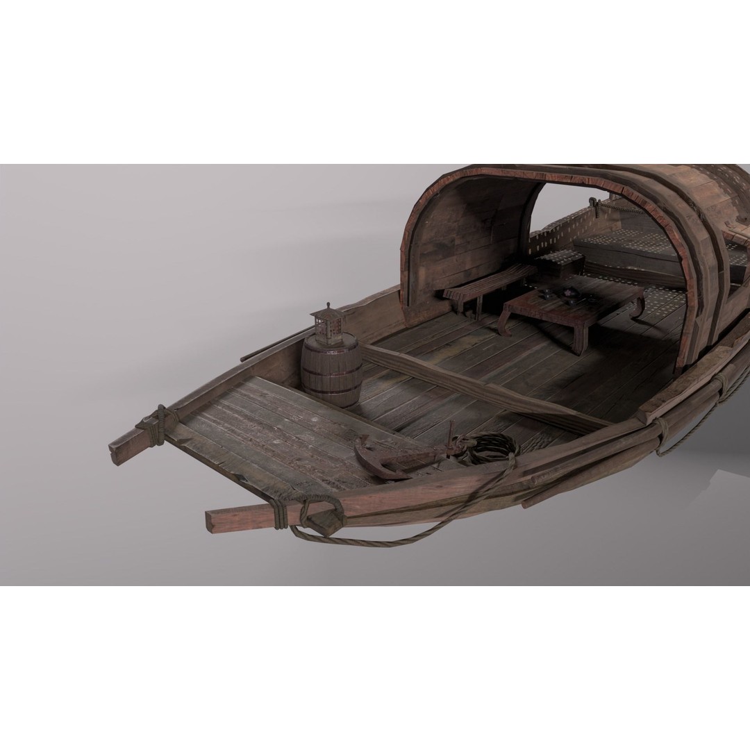 Old Chinese Boat 3D Model – Low Poly Historic Watercraft, FBX - View 9