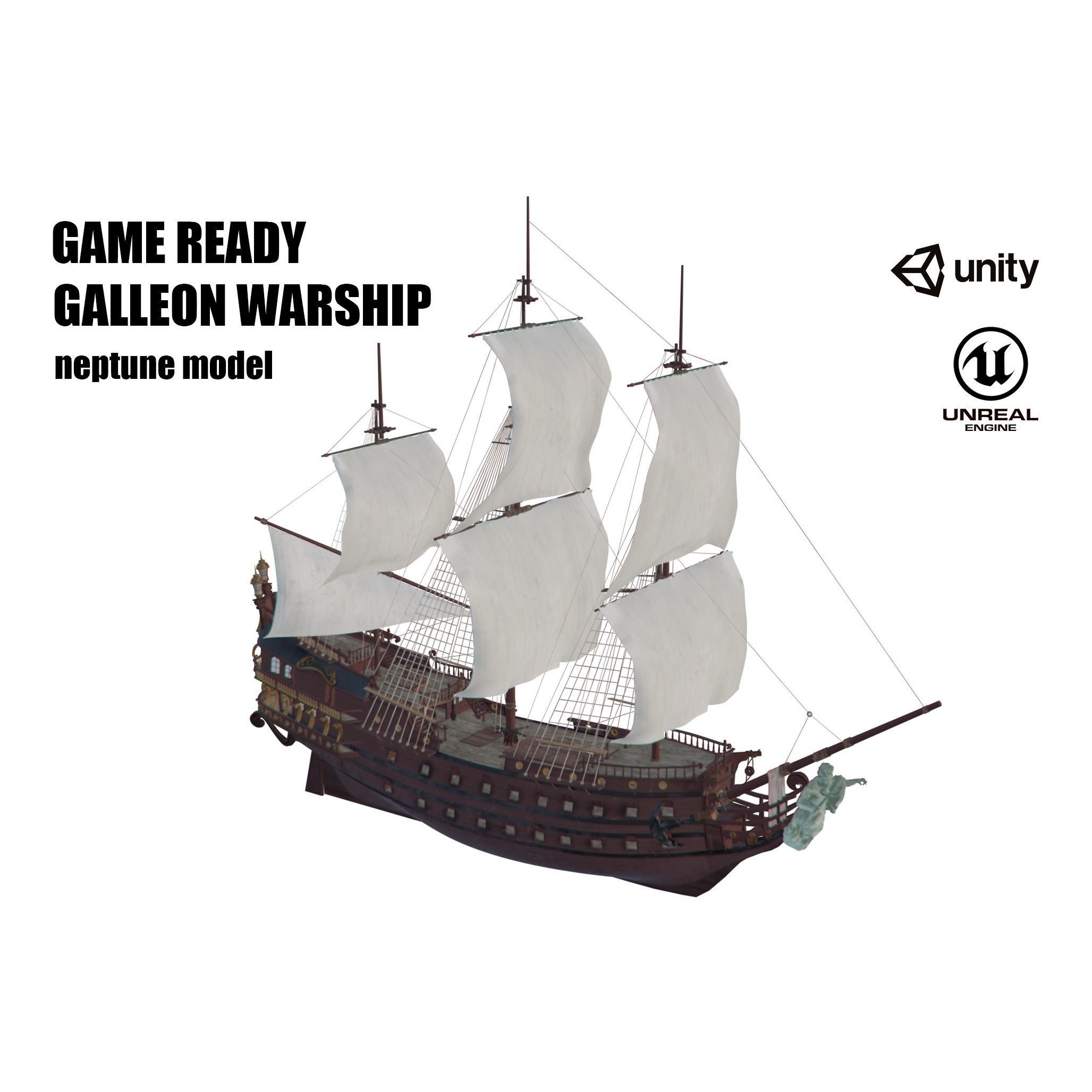 Galleon Warship Neptune - Game-Ready 3D Model - View 7