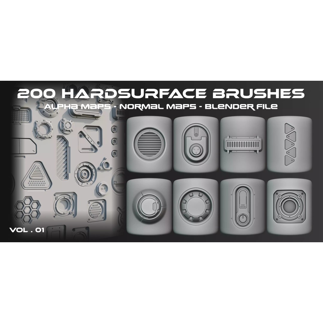 Hardsurface Brushes 3D Model – 200 Blender Brushes, Alpha & Normal Maps - View 2