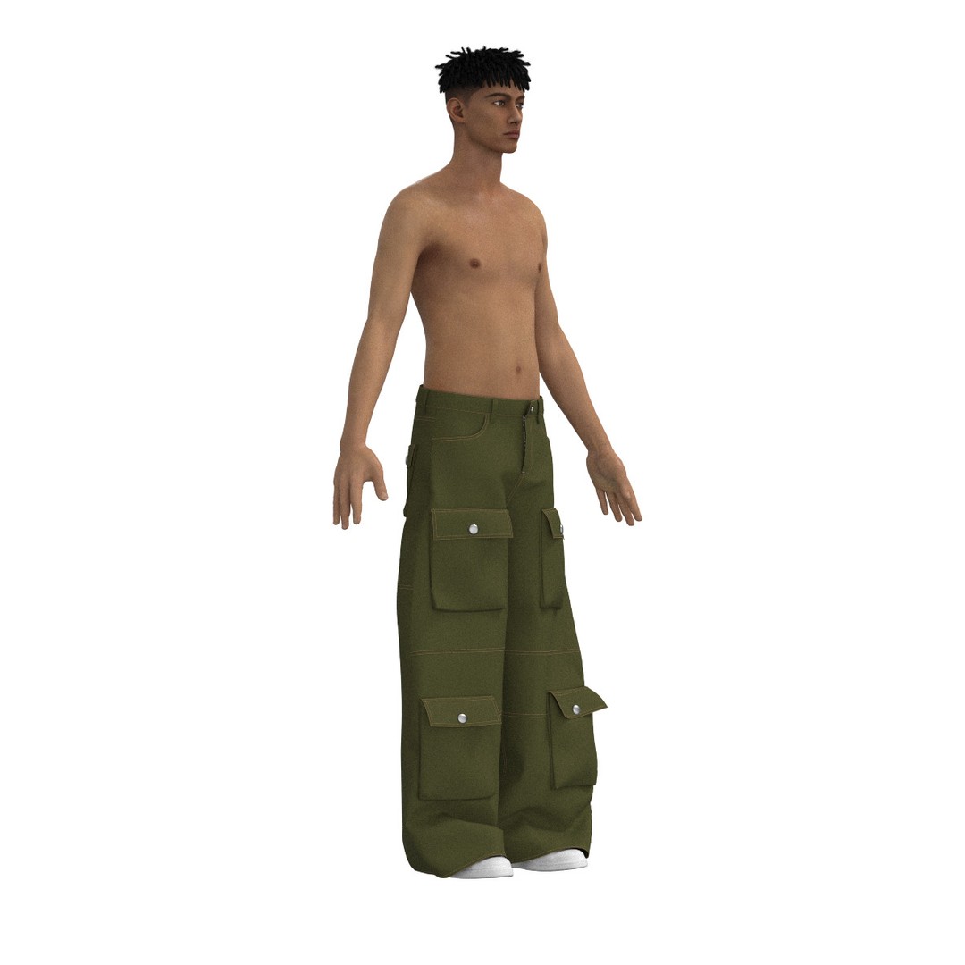 Green Cargo Pants 3D Model – Stylish Clothing with 6 Pockets, FBX - View 3