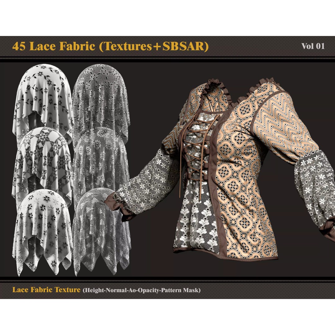 Lace Fabric Textures 3D Model – 45 PBR Textures, SBSAR Files - View 2