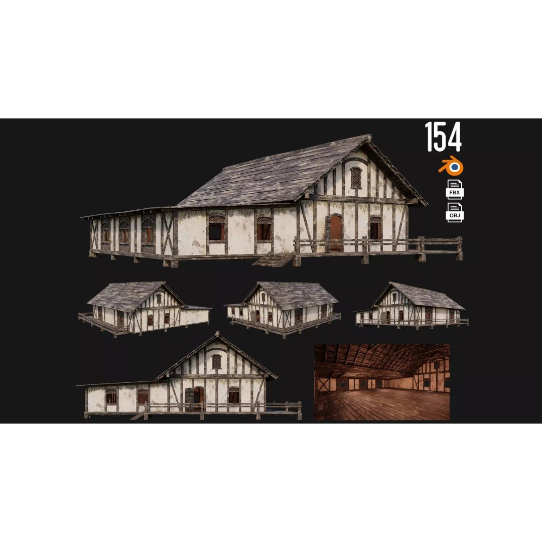 Old Medieval House 3D Model – Low Poly Game Ready with 4K Textures, FBX, OBJ - View 2