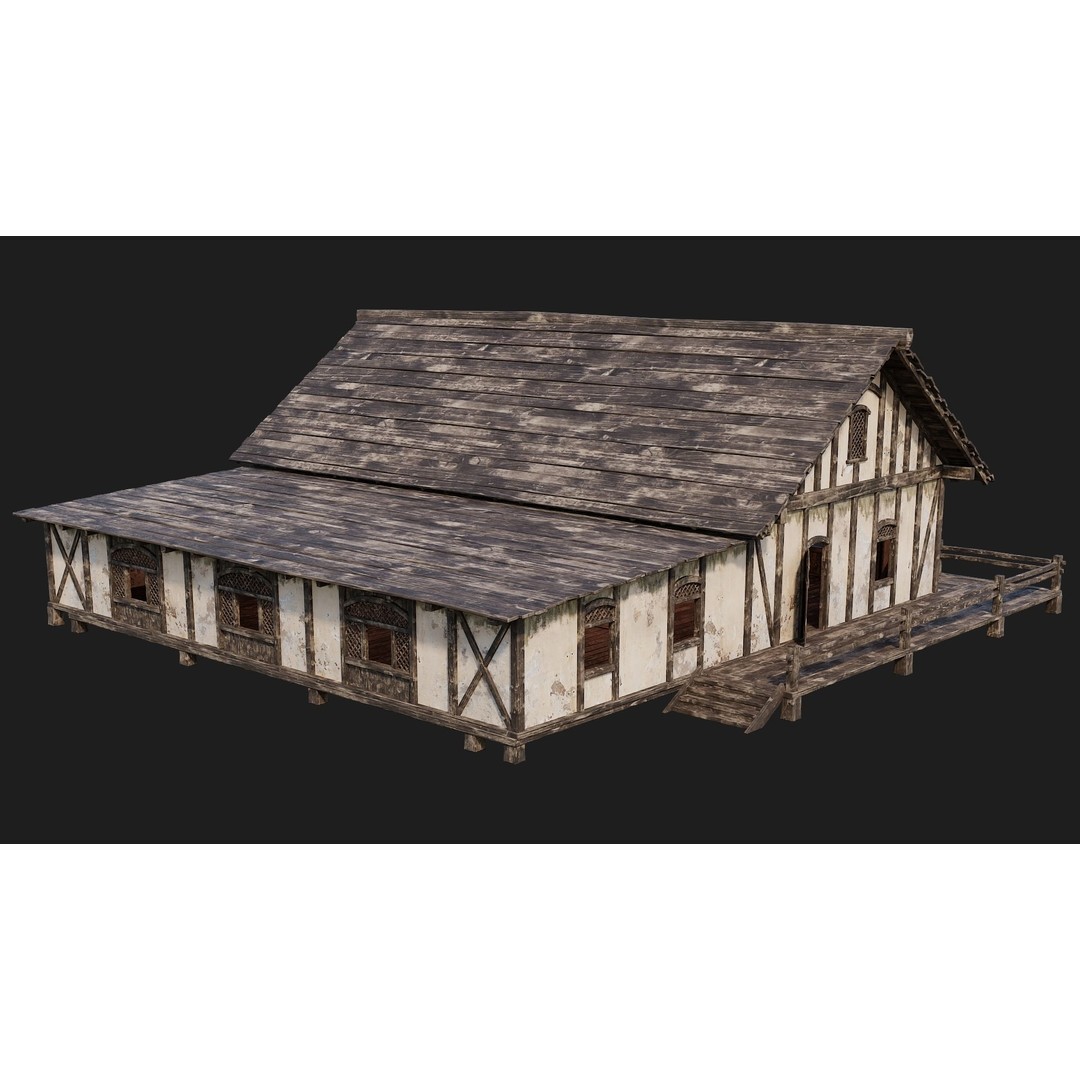Old Medieval House 3D Model – Low Poly Game Ready with 4K Textures, FBX, OBJ - View 4