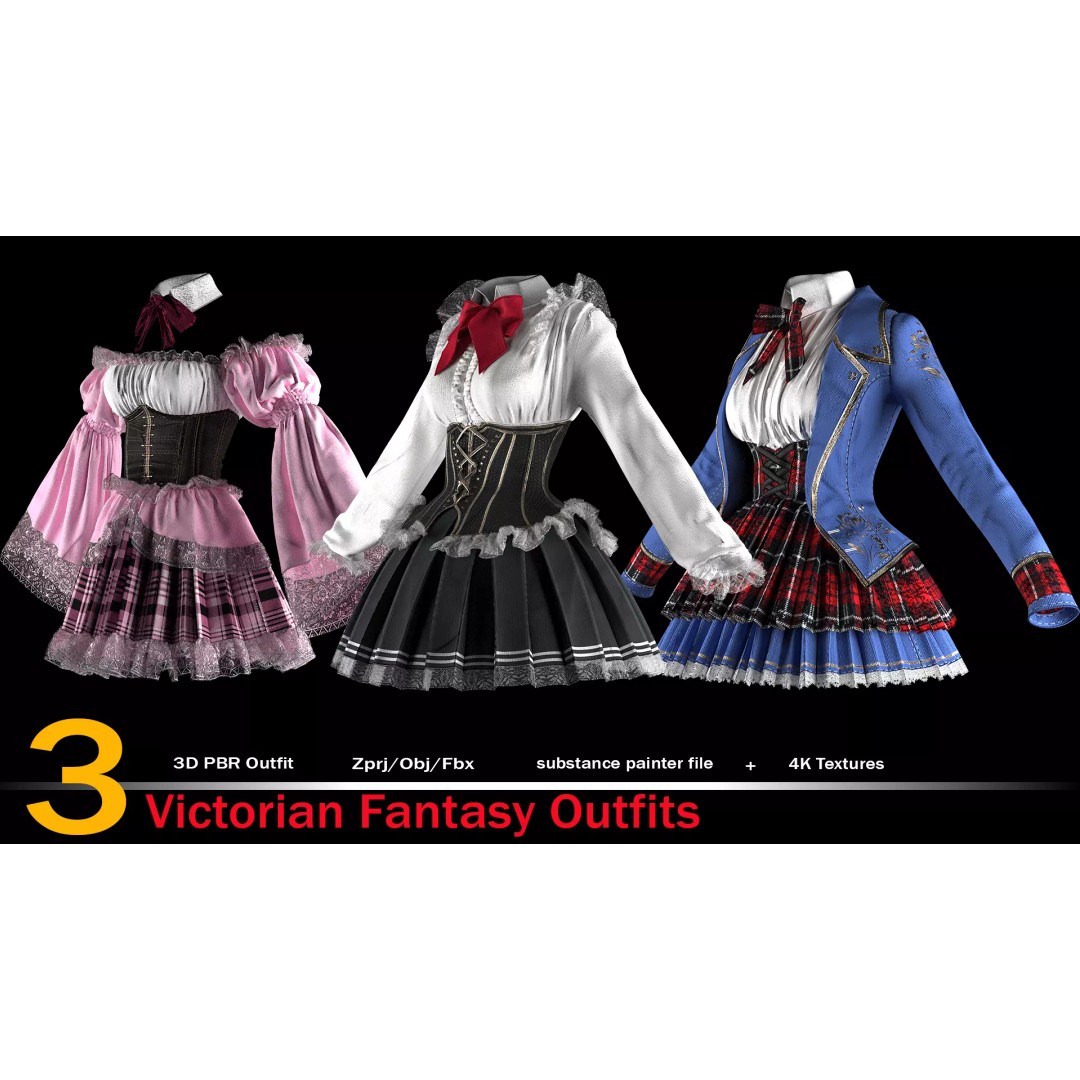 Victorian Fantasy Outfits 3D Model – High Poly Game Asset, FBX/OBJ - View 2