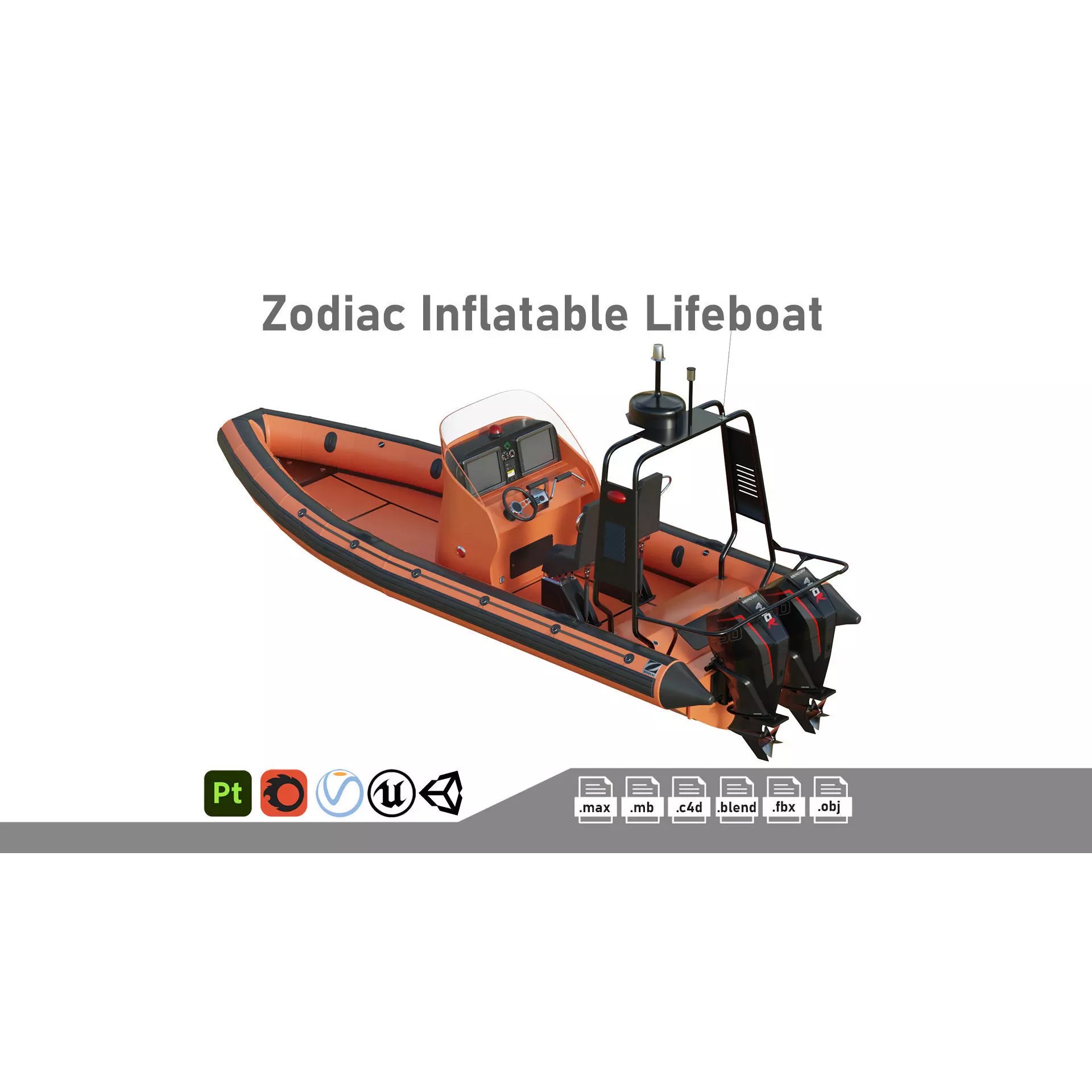 Zodiac Inflatable Lifeboat - Low-Poly Game-Ready 3D Model - View 2