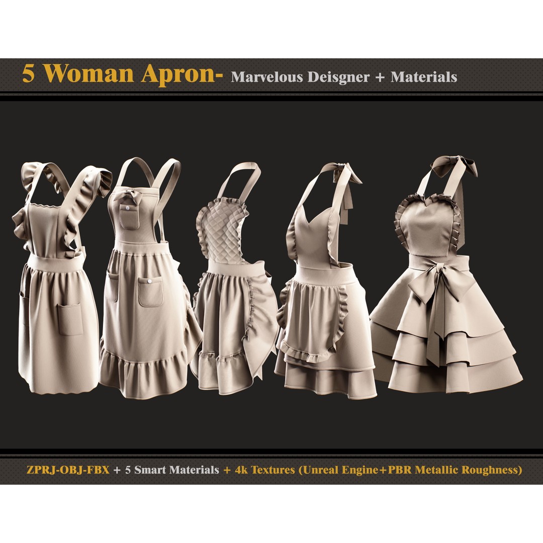 Woman Aprons 3D Model – Marvelous Designer, PBR Textures, FBX, OBJ