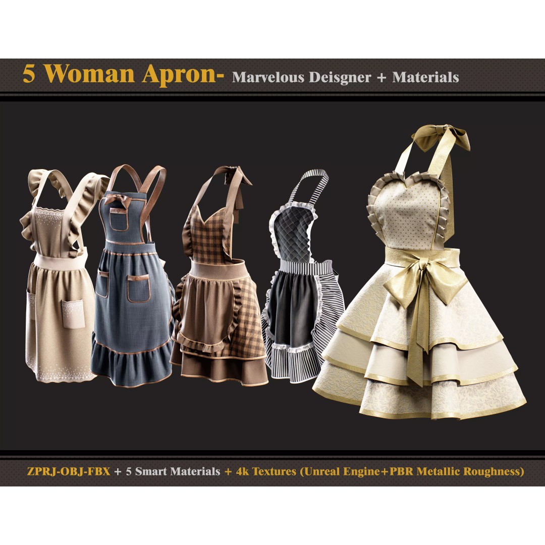 Woman Aprons 3D Model – Marvelous Designer, PBR Textures, FBX, OBJ - View 2