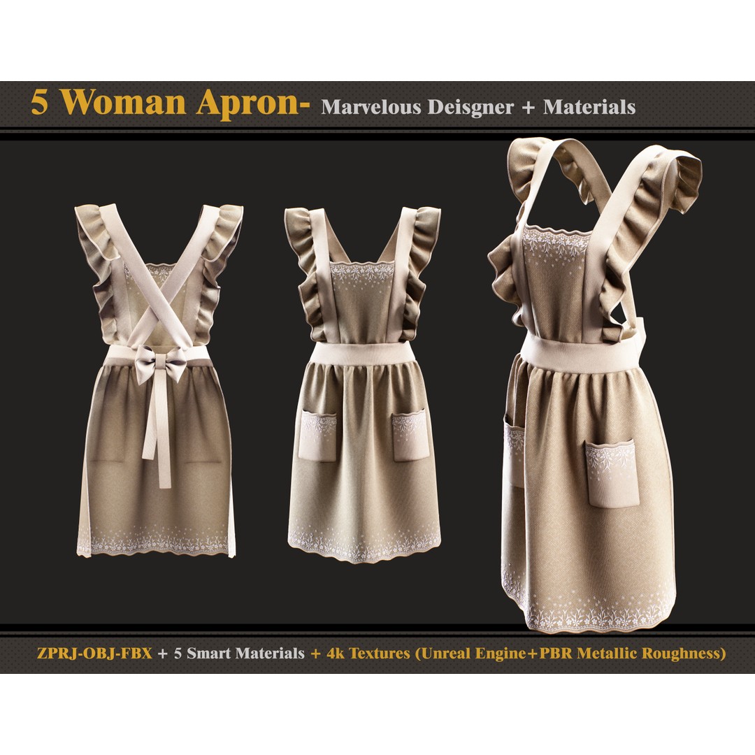 Woman Aprons 3D Model – Marvelous Designer, PBR Textures, FBX, OBJ - View 3