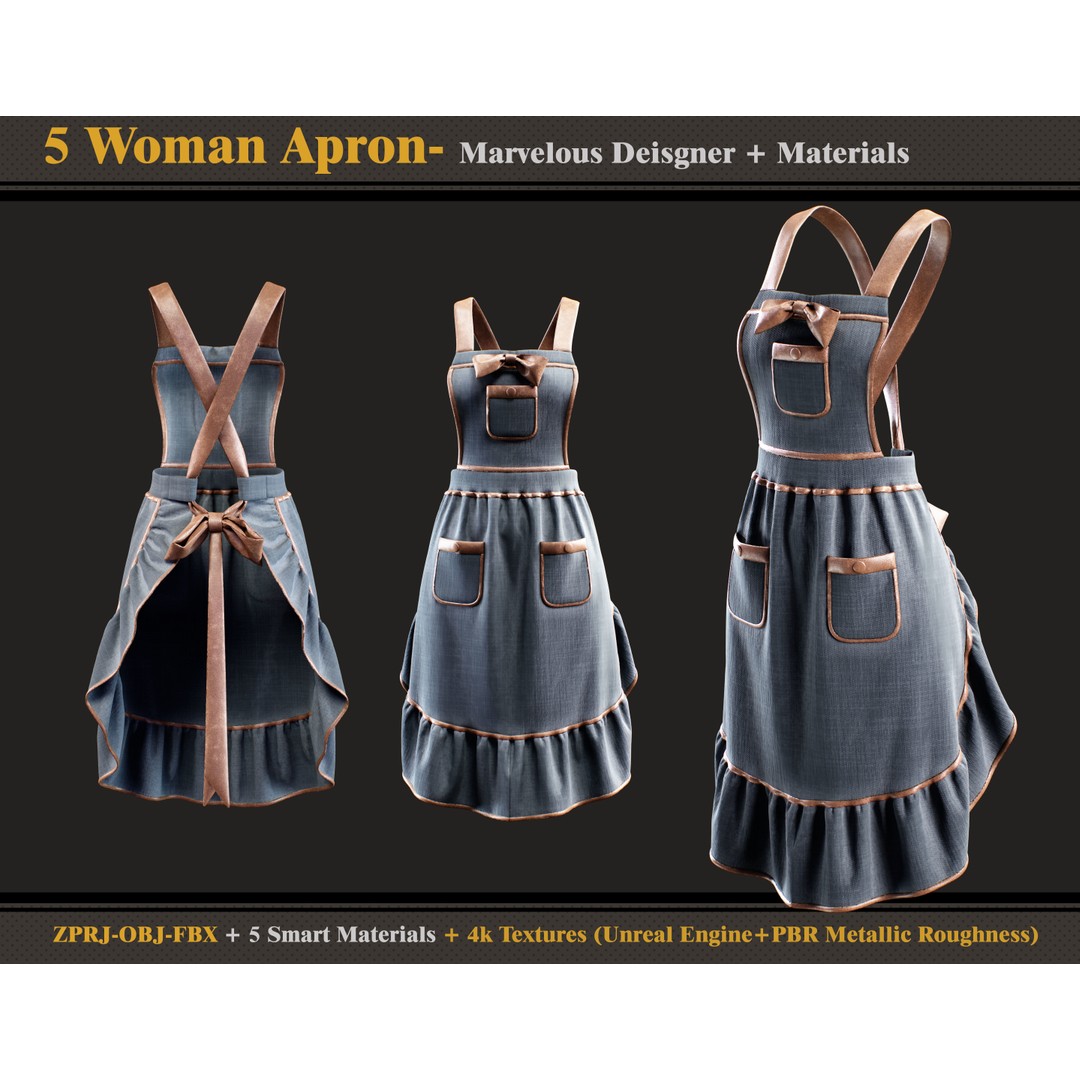 Woman Aprons 3D Model – Marvelous Designer, PBR Textures, FBX, OBJ - View 4