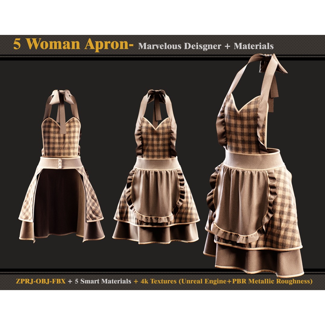 Woman Aprons 3D Model – Marvelous Designer, PBR Textures, FBX, OBJ - View 6