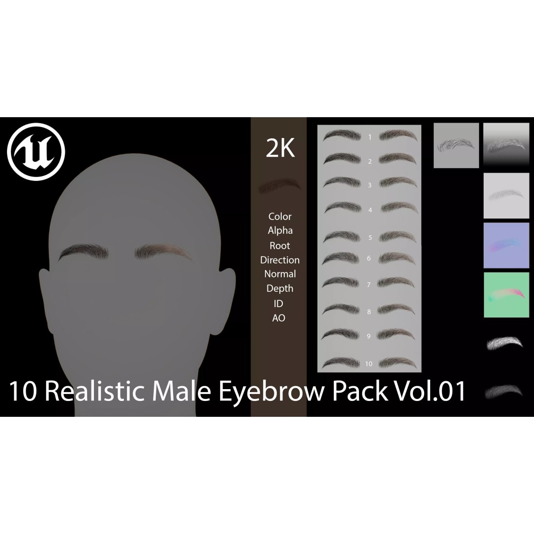 Realistic Male Eyebrow Pack 3D Model – Low Poly Game Asset, FBX, OBJ - View 2