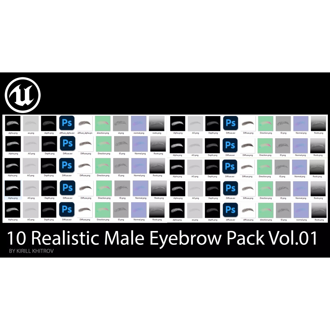 Realistic Male Eyebrow Pack 3D Model – Low Poly Game Asset, FBX, OBJ - View 5
