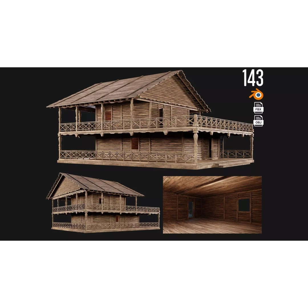 Old Wooden House 3D Model – Low Poly Game Ready Asset, FBX, OBJ - View 2