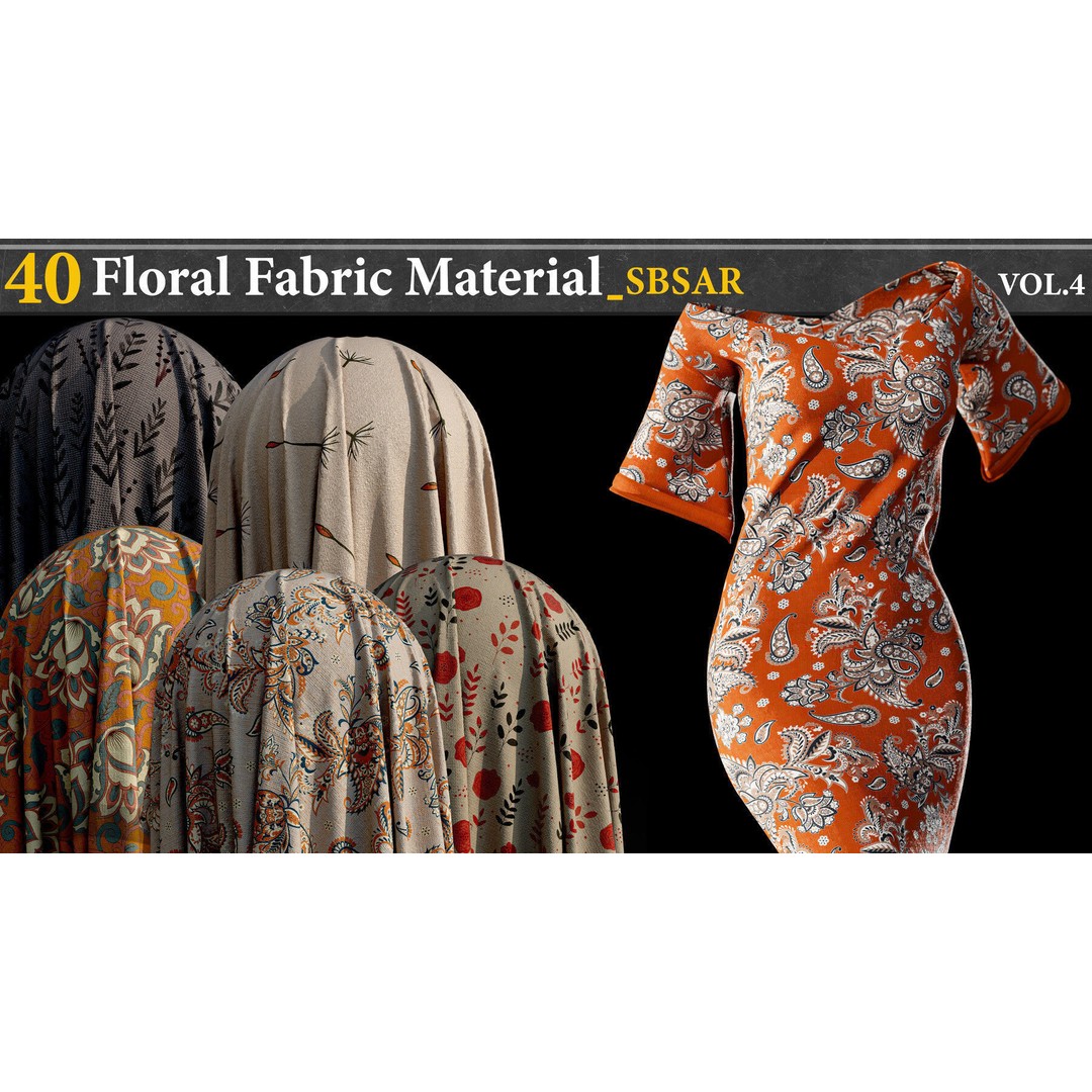 Floral Fabric Material 3D Model – PBR Textures, SBSAR Format - View 3