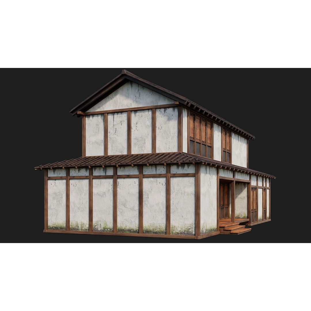 Old Japanese Building 3D Model – Low Poly Game Ready with PBR Textures - View 12