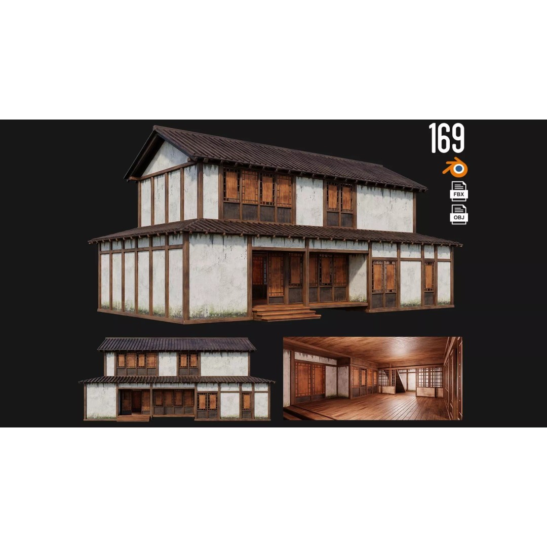 Old Japanese Building 3D Model – Low Poly Game Ready with PBR Textures - View 2