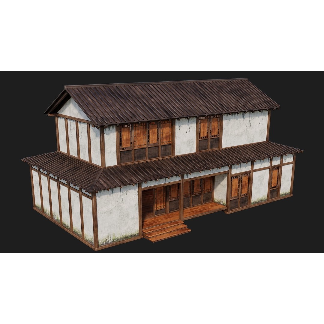 Old Japanese Building 3D Model – Low Poly Game Ready with PBR Textures - View 3