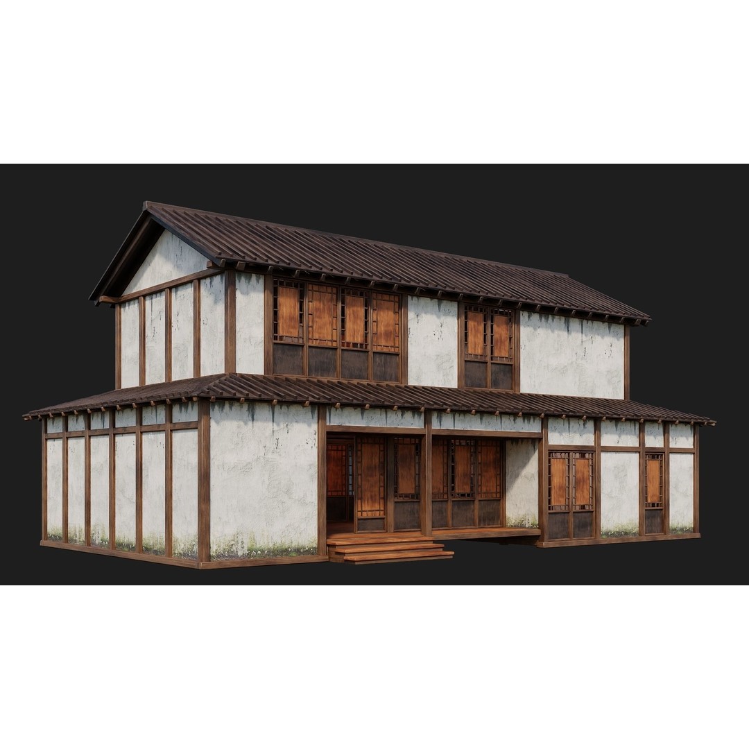 Old Japanese Building 3D Model – Low Poly Game Ready with PBR Textures - View 4