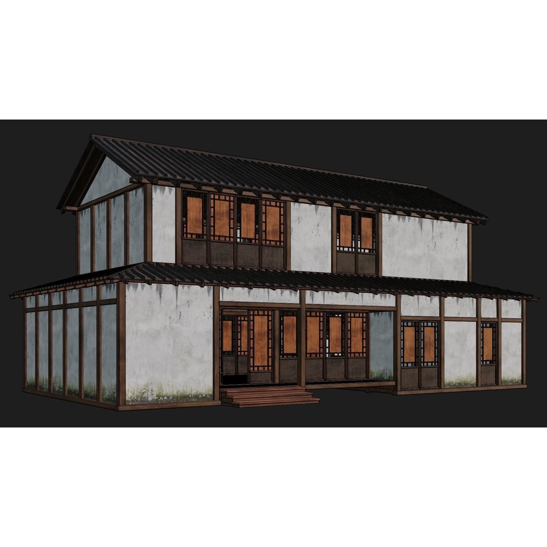 Old Japanese Building 3D Model – Low Poly Game Ready with PBR Textures - View 8