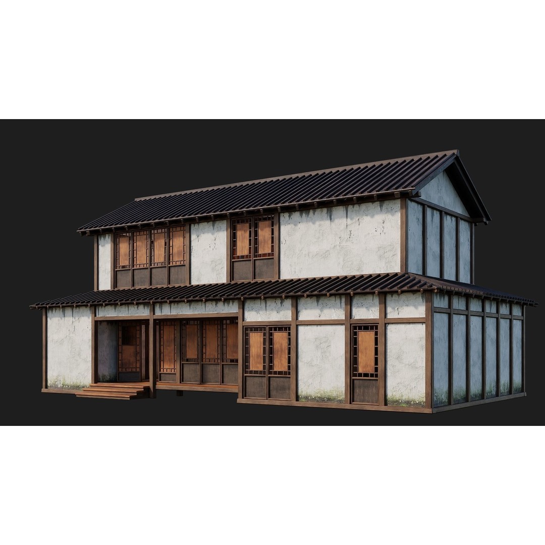 Old Japanese Building 3D Model – Low Poly Game Ready with PBR Textures - View 9