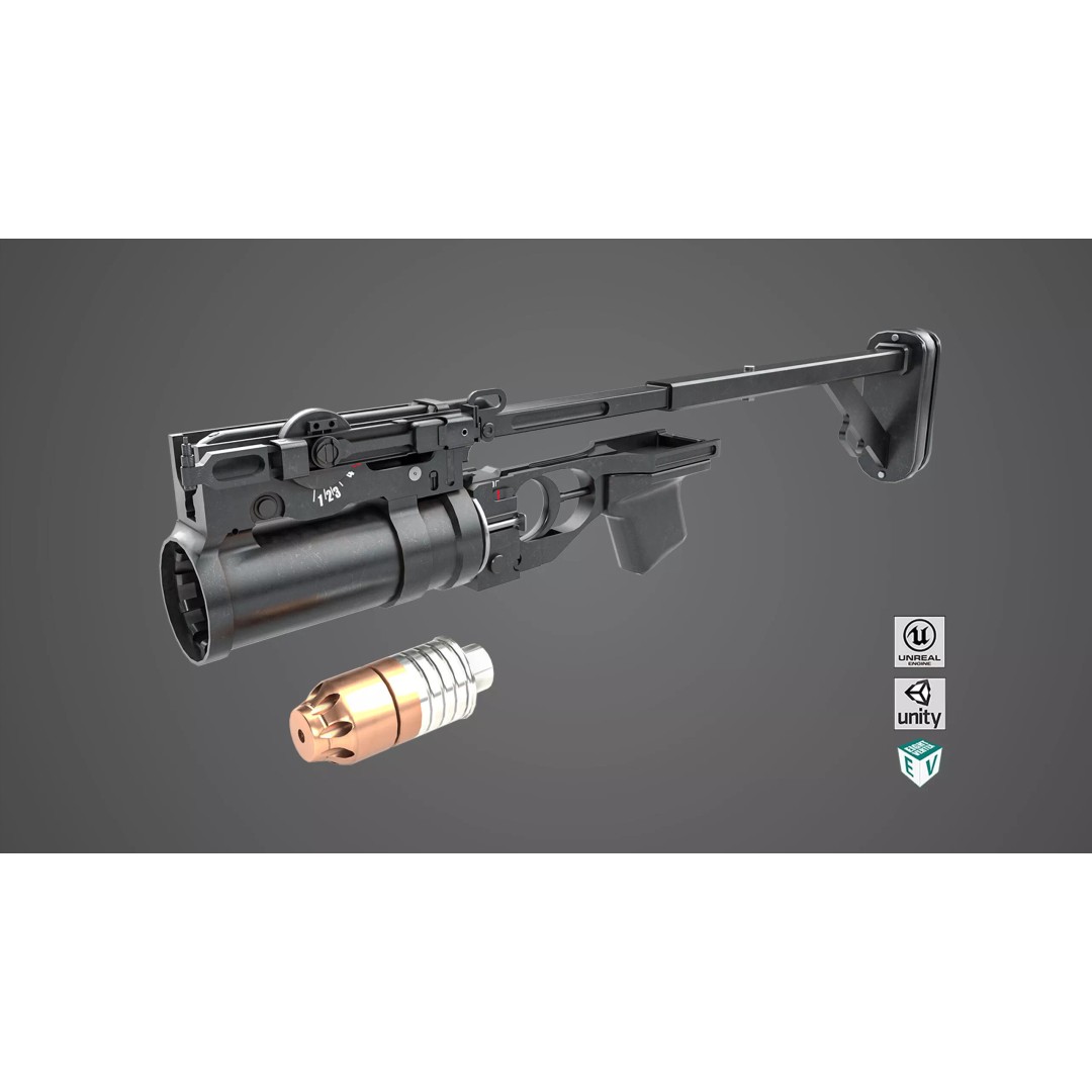 Grenade Launcher 3D Model – Low Poly Game Asset, FBX, PBR Textures