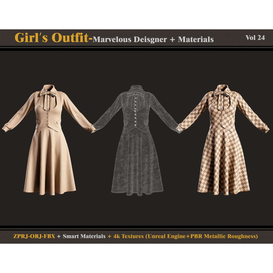 Girls Outfit 3D Model – Vintage Clothing Set with Textures, FBX, OBJ