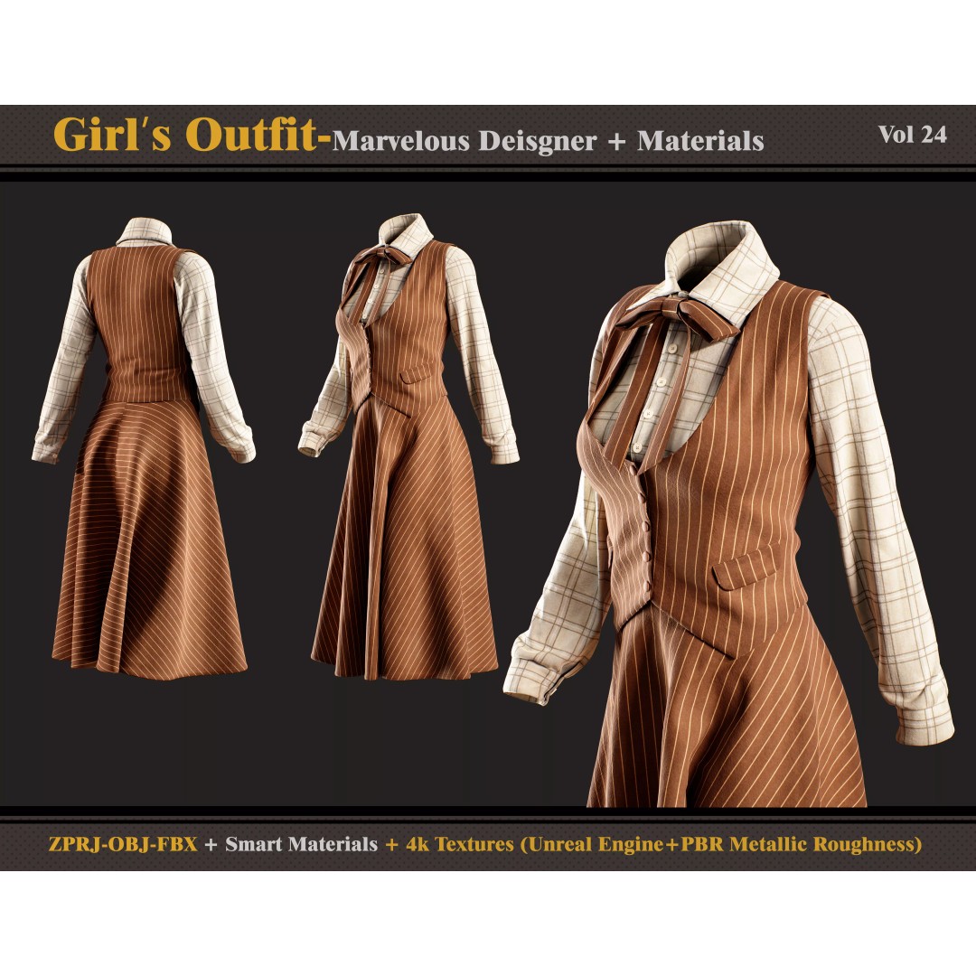 Girls Outfit 3D Model – Vintage Clothing Set with Textures, FBX, OBJ - View 2