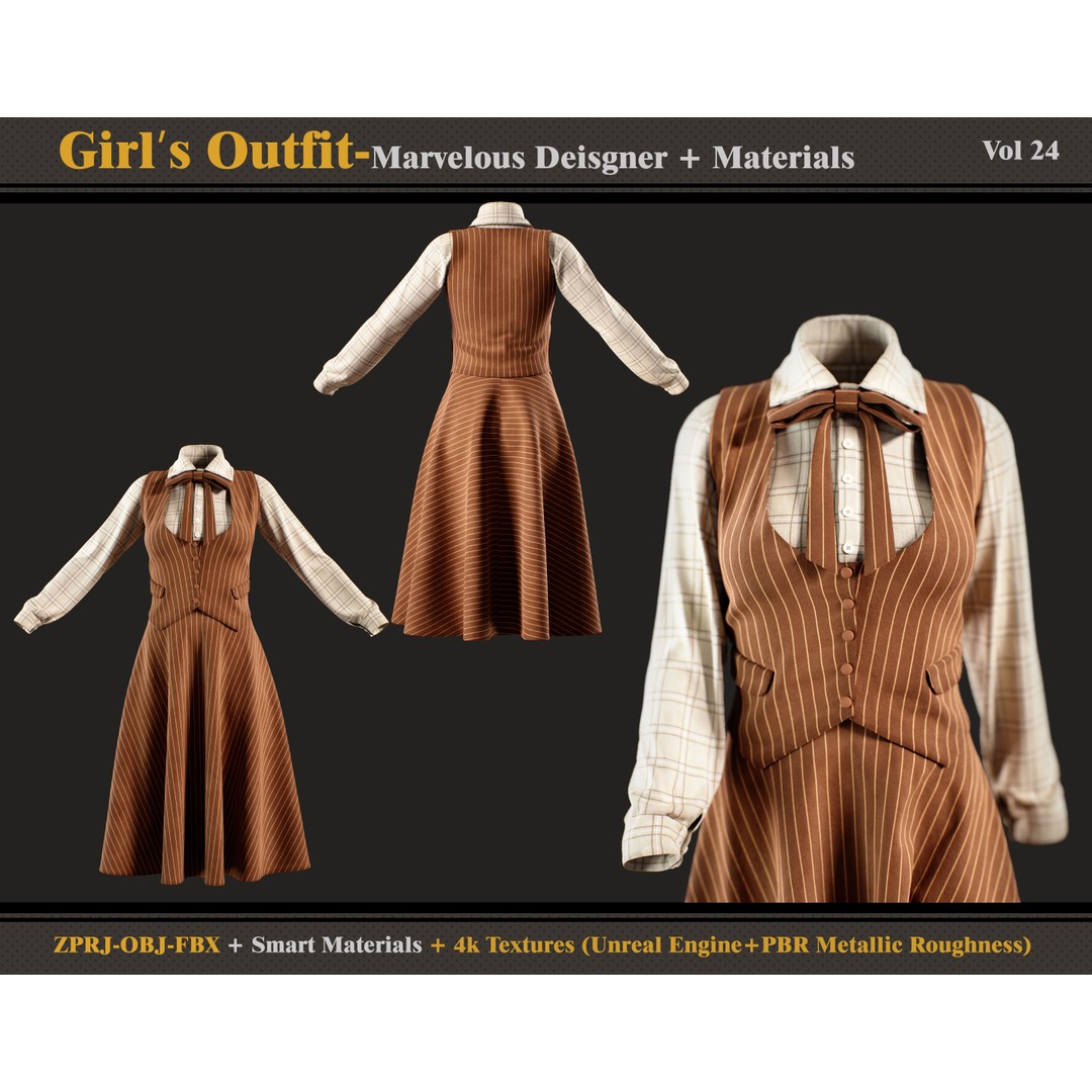 Girls Outfit 3D Model – Vintage Clothing Set with Textures, FBX, OBJ - View 3