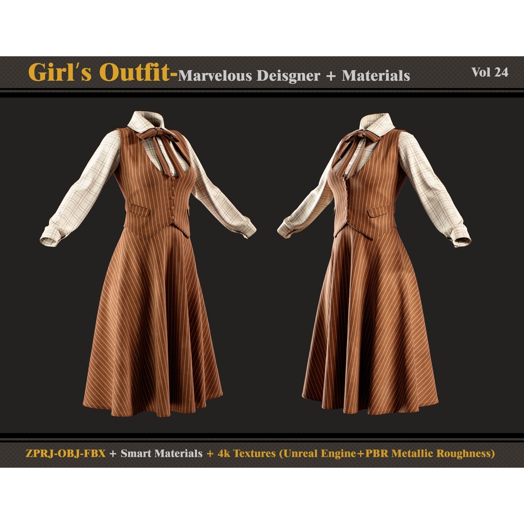 Girls Outfit 3D Model – Vintage Clothing Set with Textures, FBX, OBJ - View 4