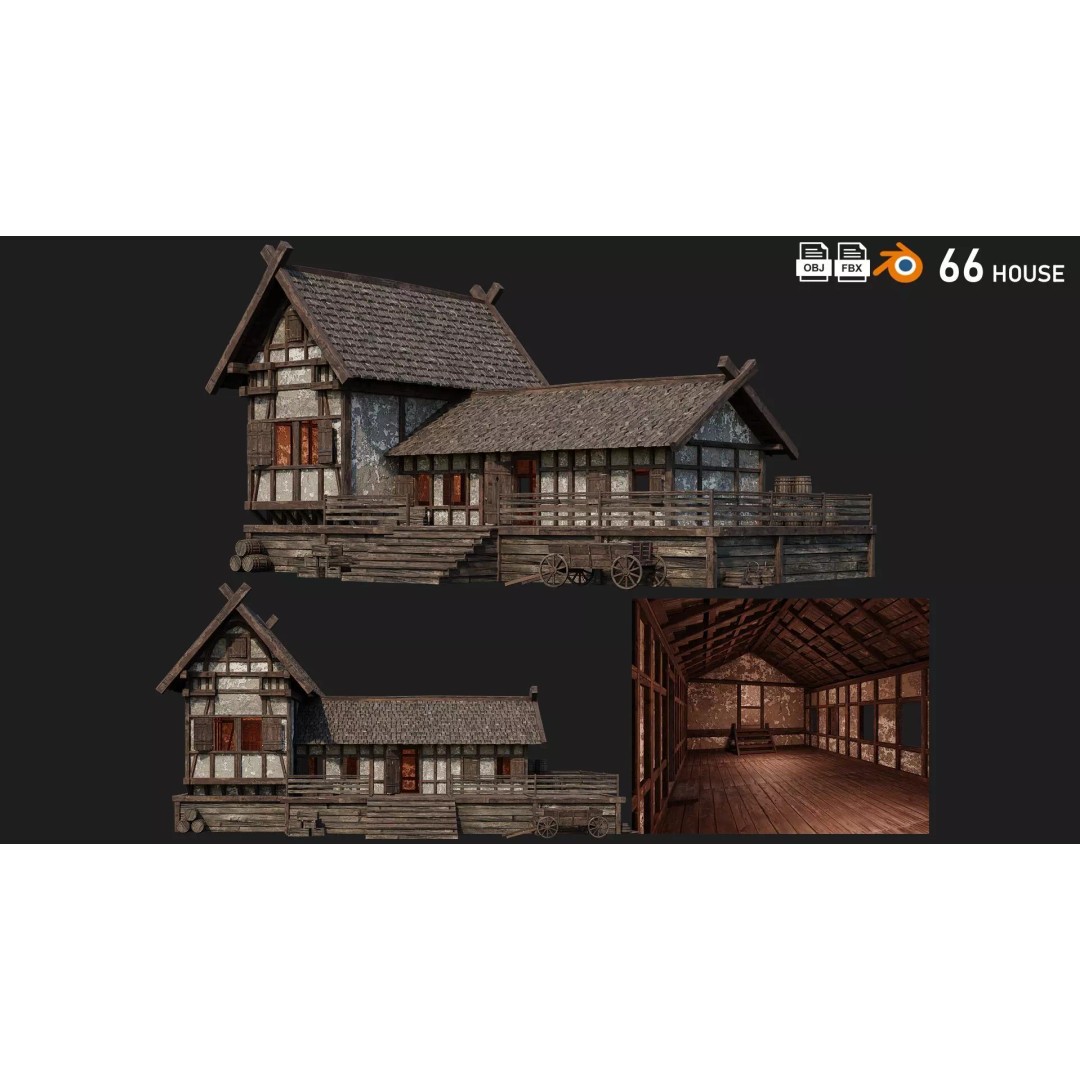 Old Medieval Building 3D Model – Low Poly Game Asset, FBX, PBR Textures - View 2