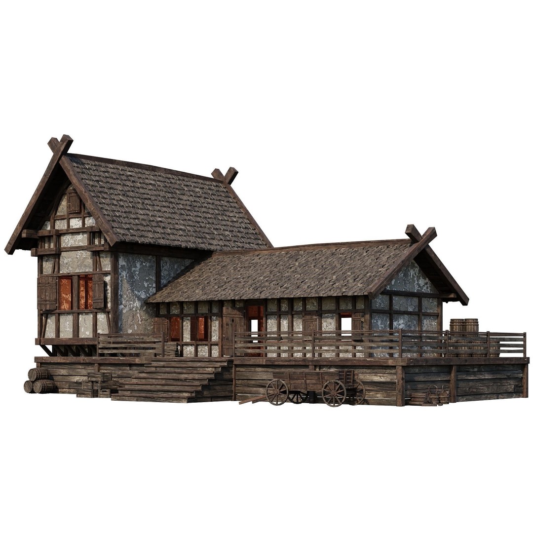 Old Medieval Building 3D Model – Low Poly Game Asset, FBX, PBR Textures - View 3
