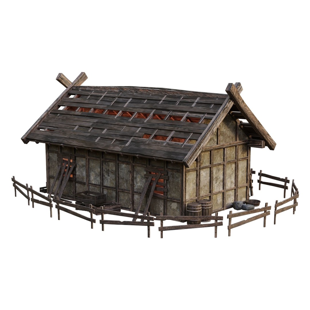 Old Medieval Building House 3D Model – Low Poly Game Ready, FBX, OBJ