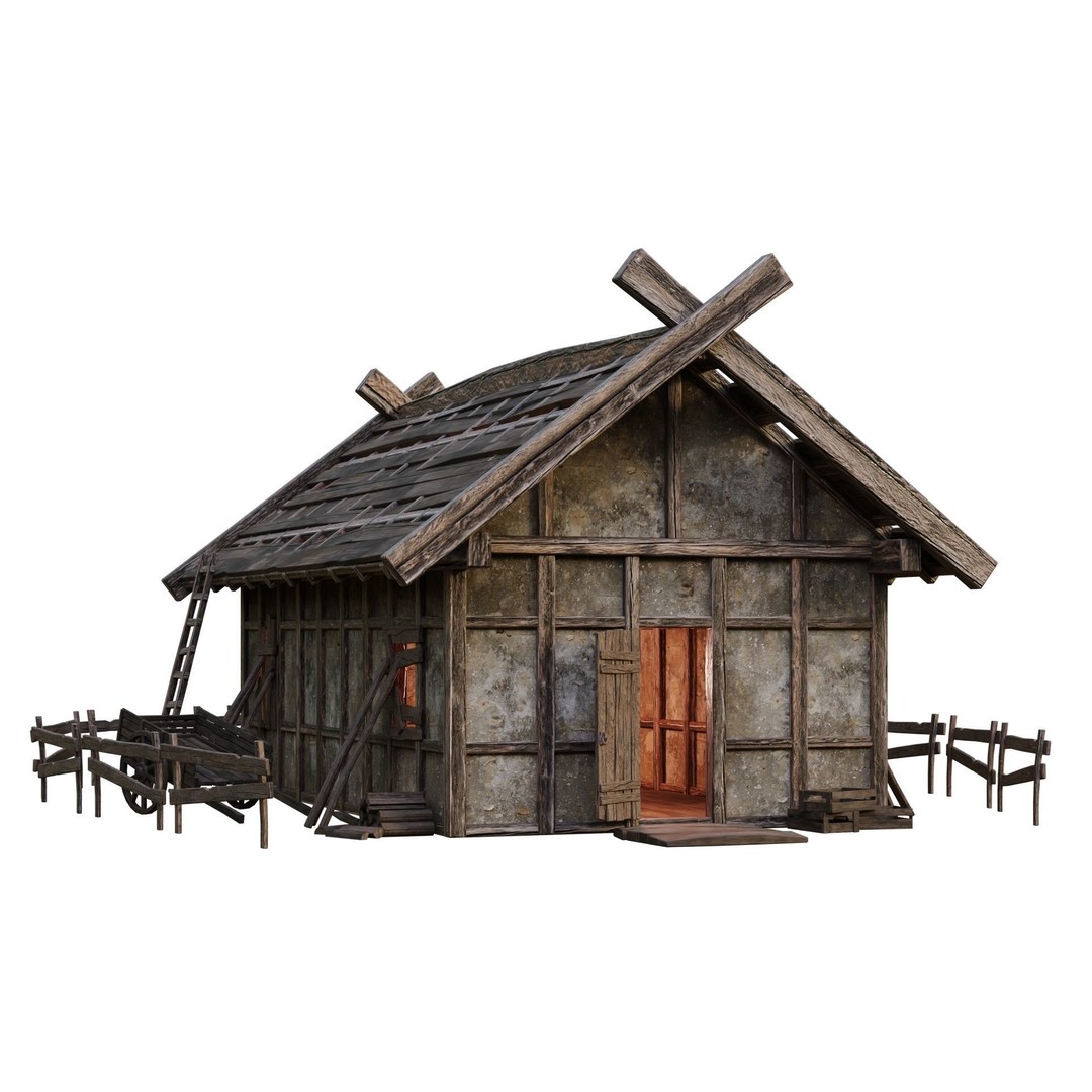 Old Medieval Building House 3D Model – Low Poly Game Ready, FBX, OBJ - View 12