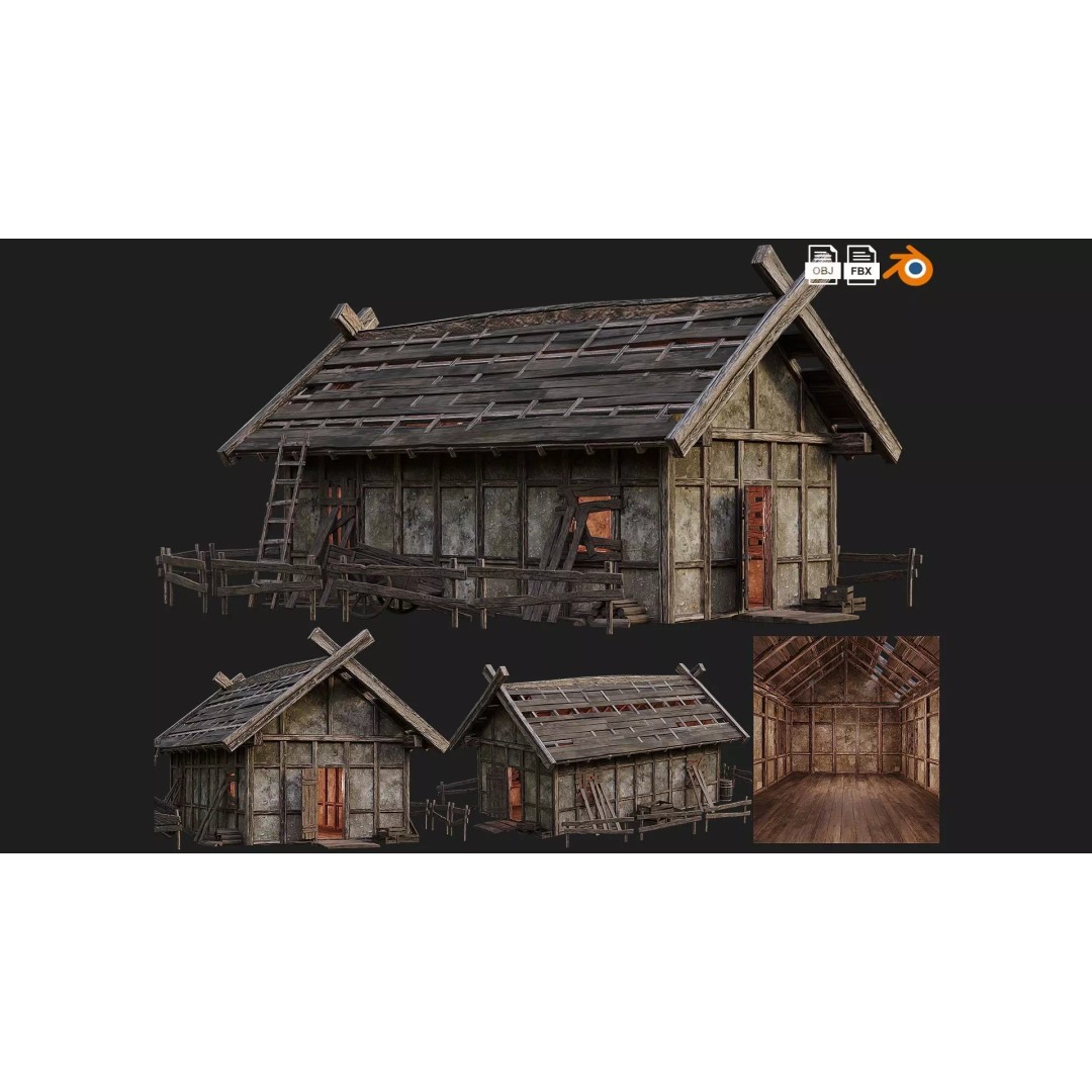 Old Medieval Building House 3D Model – Low Poly Game Ready, FBX, OBJ - View 2
