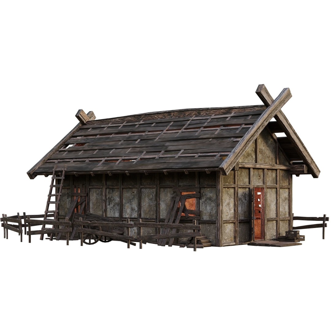Old Medieval Building House 3D Model – Low Poly Game Ready, FBX, OBJ - View 3
